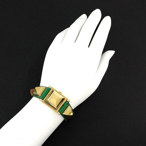 HERMES Medor Vintage pyramid Gold studs Quartz White Dial Ladies - Picture 1 of 12